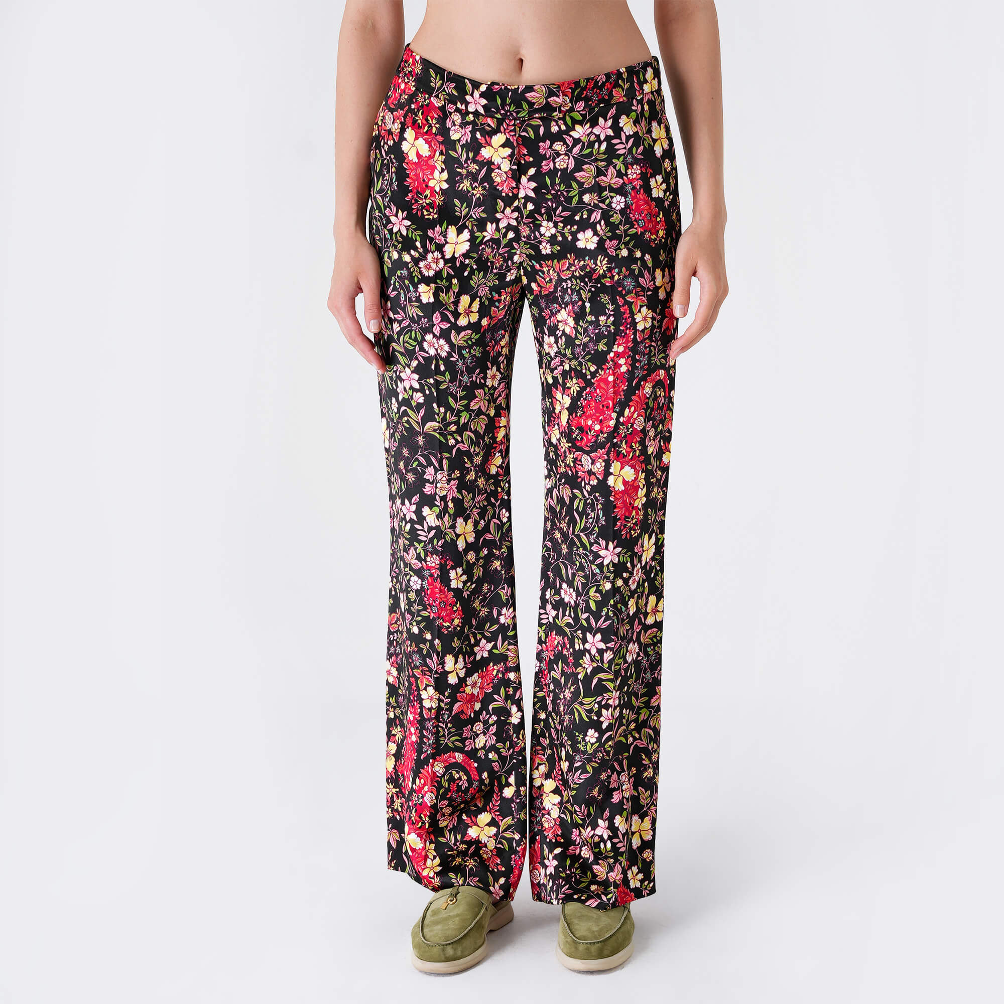 Etro - Black&Multicolor Floral Print Silk Pants